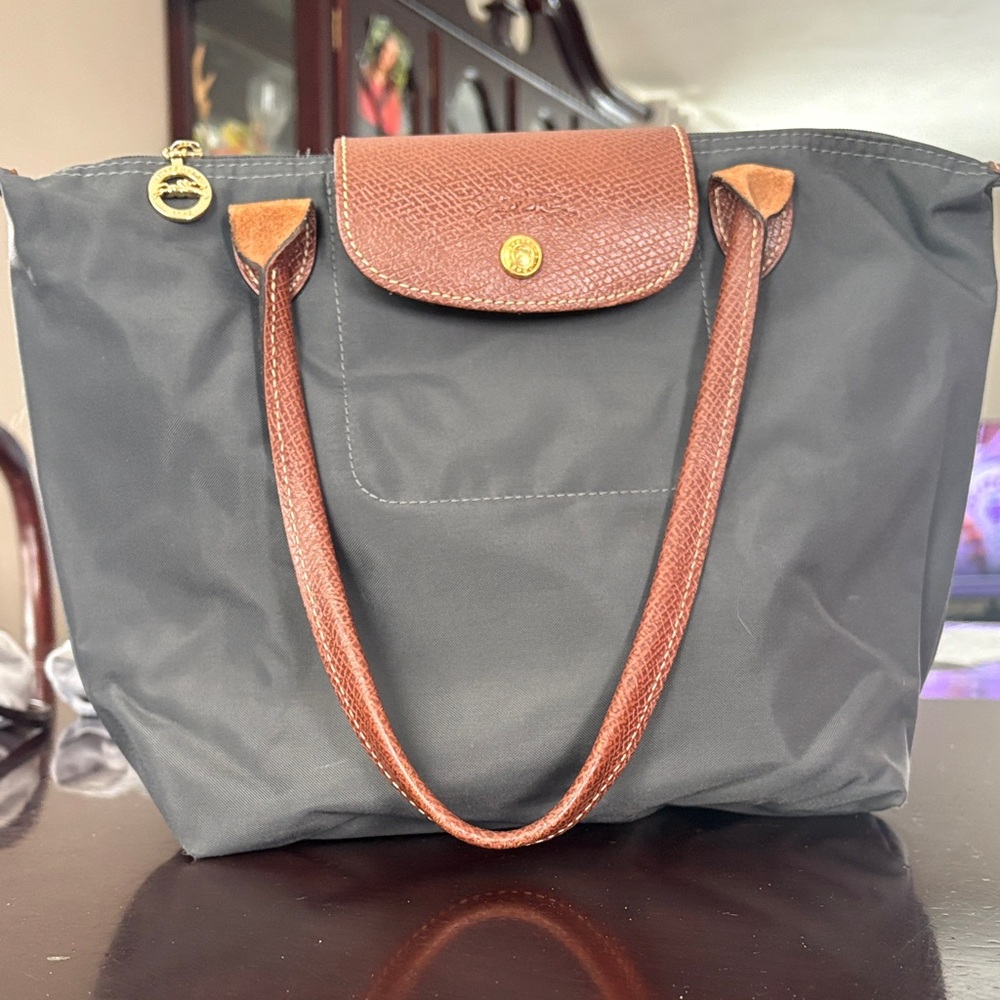 Longchamp Black Tote with Brown Accents